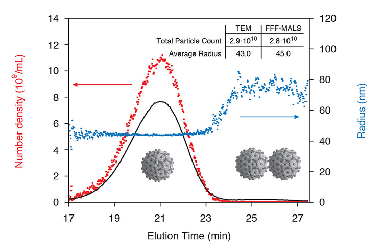 FFF-MALS is an excellent tool for vaccine characterization. Total viral count and size may be quantified with high resolution for each subpopulation.